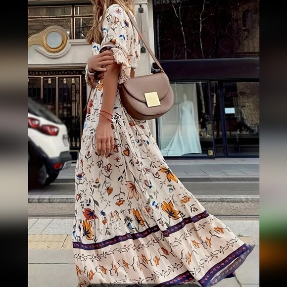 Cream and Brown Bell Sleeve Maxi Dress - Picture 2 of 6